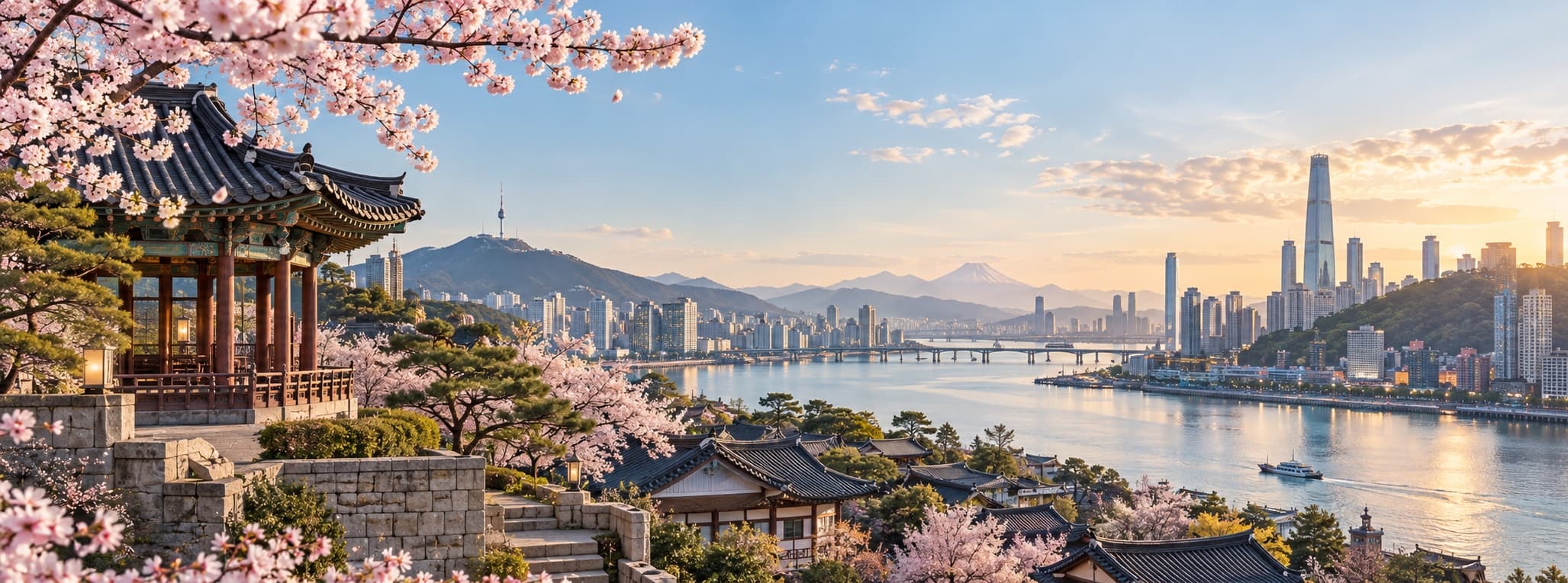 春日亞洲城市、傳統建築與河岸景色